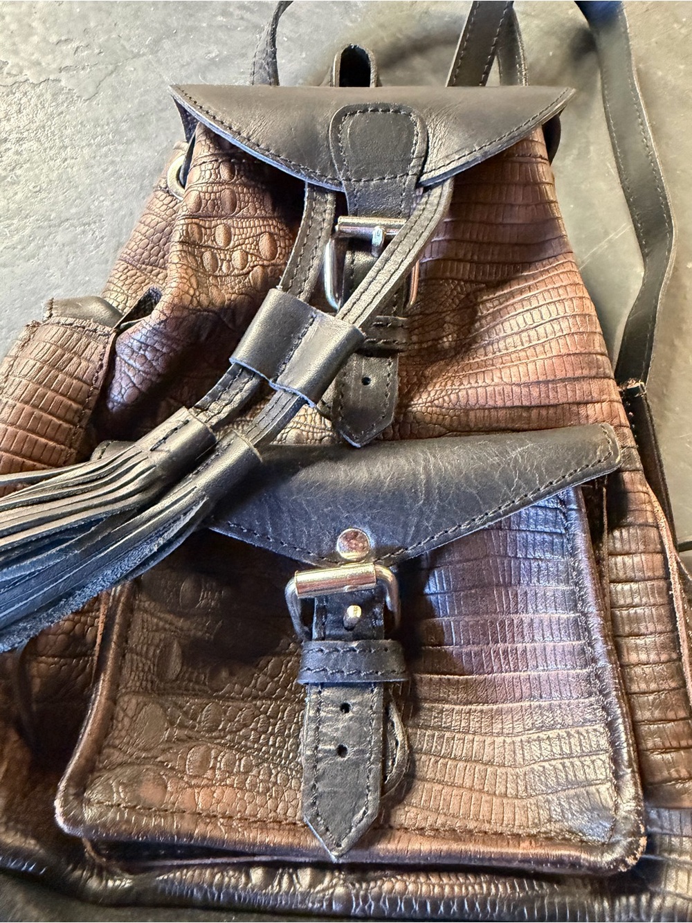 Freebird by Steven Brown and Black leather Croc-Embossed Backpack with Tassel - Picture 3 of 10